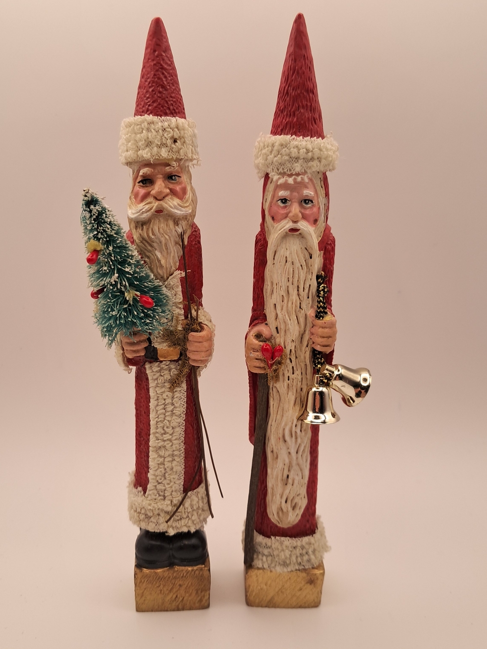 ​Vintage Resin Skinny Santa Claus Figurines Set of 2 Christmas Tree Bells 7.25"